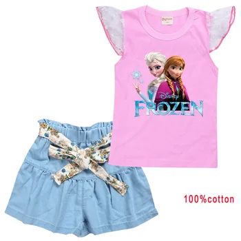 2vnt/Komplektai Disney Frozen Elsa Anna Girls Apranga Apranga Vasaros marškinėliai Šortai Drabužiai Laisvalaikio sportiniai kostiumai