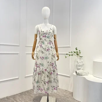 Gėlių spausdinimas Sutraukiamas raištis Midi suknelė be rankovių Moteris Balta Camisole 2023 Naujas atvykimas Pavasario vasara Aukštos kokybės saldus stilius