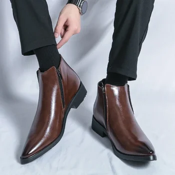 Klasikiniai vyriški batai Solidūs PU Aukšto kirpimo žemakulniai Smailus užtrauktukas Verslo oficialūs batai Patogūs neslystantys klasikiniai paprasti vyriški batai
