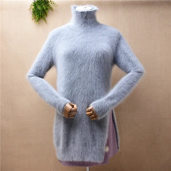 Ladies Women Fall Winter Clothing Grey Hairy Mink Cashmere Knitted Turtleneck Split Slim Palaidinės Pullover Jumper Sweater Pull
