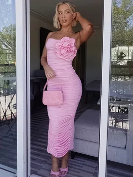 LZEQuella Sexy Pink Strapless Plona Midi suknelė Kaklaraištis Flower Backless Suknelės moterims Moterų vakarėlių klubo chalatai 2024 Nauja