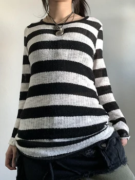 Moterys Grunge megztinis Vintage ilgomis rankovėmis dryžuotas laisvas prigludimas Megztas nėrimo megztukas Megztos megztinės