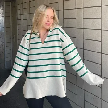 Moterų megztinių mada nusisuka apykakle Žalias dryžuotas laisvas megztinis megztinis(visi)