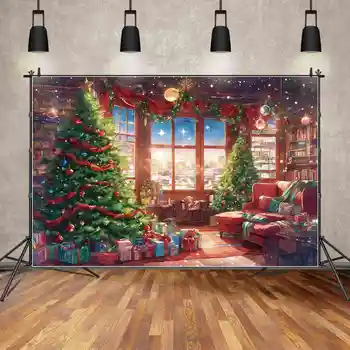 MĖNULIS. QG fonas Kalėdų aliejaus tapyba Raudona šviesa Svetainė Langas Durys Fotografija Fonas Sofa Knygų lentyna Dovanų dekoravimas