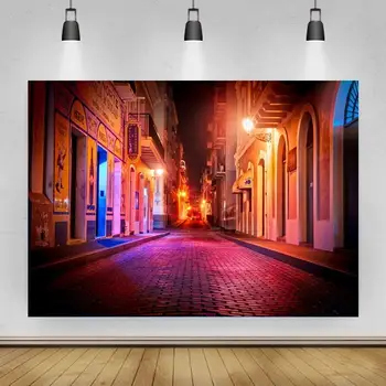 Neoninė gatvė su spalvingomis šviesomis Portretinė nuotrauka Fonas Fotografinis vinilo fonas 
