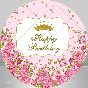 Pink Floral Princess Girl 1st Birthday Round Background Cover Party Decoration Gold Dots Crown Circle Cover