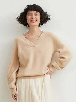 Rudens ir žiemos kašmyro megztinis moteriškas V kaklo storas trumpas megztinis megztinis laisvas megztinis su apačia marškiniai ilgomis rankovėmis