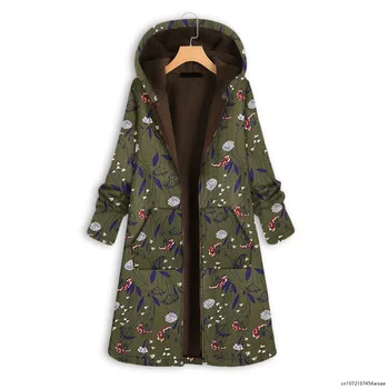 Spausdinti žieminiai striukės su gobtuvu paltai moterims Šiltas parkas storos moteriškos striukės vėjui atsparus oversize paltas