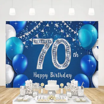 Su 70-uoju gimtadieniu reklamjuostė Fonas 70 metų senumo dekoracijos Vakarėlių reikmenys moterims vyrams Mėlyna sidabrinė fotografija Fonas