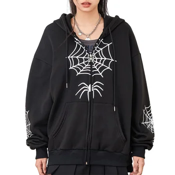 Unisex Vintage Hoodies Tops Outwear Fall Spring Women Spider Web Print Zipper Sweated Sweats Grunge Streetweawr Loose Coats
