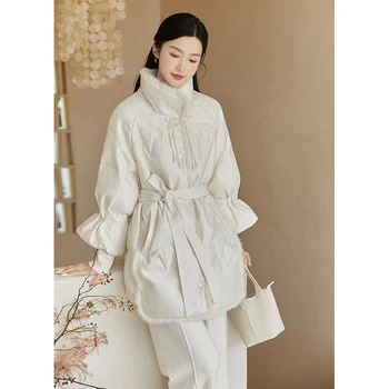 Winter Women's Retro Chinese Style Down Jacket Buckle 90 White Duck Down Sutirštintas laisvas švarkas