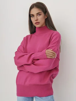 Wixra Rudens žiemos moterys Megztas megztinis Turtleneck Stand up Apykaklės megztiniai 2023 Casual Basic Pullover Džemperis