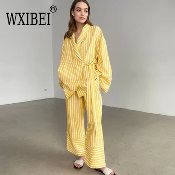 WXIBEI Casual Yellow Stripe Suits Elegant High Waist Wide Pants Set Fashion Marškiniai ilgomis rankovėmis Dviejų dalių komplektas Moteriška apranga FC952