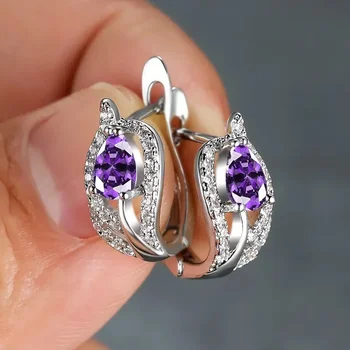 Žavingi violetiniai/įvairiaspalviai CZ lankų auskarai moterims Temperamento dizainas Elegantiški moteriški ausų aksesuarai Vestuviniai papuošalai