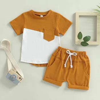 0-3 metų kūdikių berniukų drabužių komplektas trumpomis rankovėmis margi marškinėliai su elastiniais juosmens šortais 2023 m. Naujas vasaros laisvalaikio vaikų drabužių rinkinys