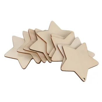 10 x medinės žvaigždės formos, paprastas medinis amatas Žymos su skylute (10cm)