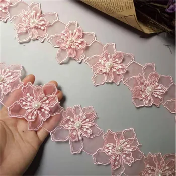 10x rožinė 3D perlų gėlė Rankų darbo karoliukais siuvinėto audinio nėrinių apdailos juostelė Dvigubo sluoksnio aplikacijos suknelė 