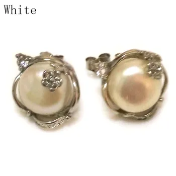 11-12mm natūralaus balto mygtuko perlo sterlingų sidabro smeigtuko auskaras