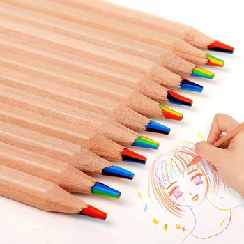 12Pcs/Set Vaivorykštės spalvų pieštukai Įvairiaspalviai 7Colors in1 pieštukai Vaikų piešimas Kanceliarinės prekės Spalvinimas Eskizai Mediniai meno reikmenys