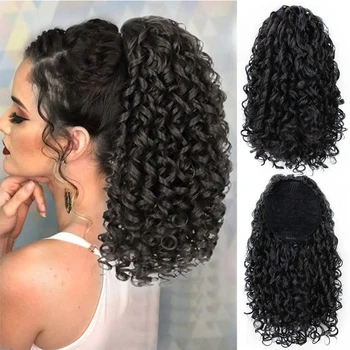 14'' Kinky Curly Ponytail Hair for Women Short Fluffy Curly Drawlys Ponytail Natural Synthetic Afro Curly Fake Tail Hairpiece