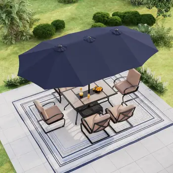 15ft dvipusis terasos skėtis su pagrindu Didelis lauko stalas Navy Blue