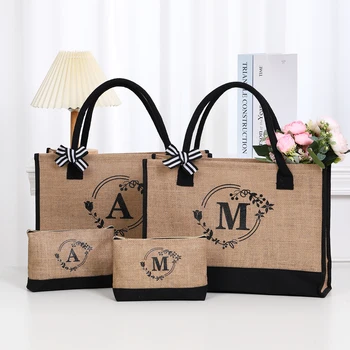 2 inicialų vienetai Džiuto rankinės Paplūdimio krepšiai Ponios paplūdimio rankinės ir kosmetikos krepšiai Personalizuotos dovanos moterims ir motinoms