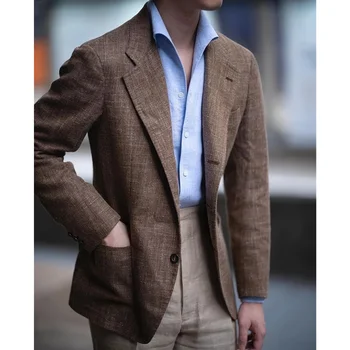 2 vnt Lininiai vyriški kostiumai Smokingai Pagal užsakymą pagamintos dvi sagos Gražus Blazer England stiliaus gatvės drabužiai Daily Smart Casual Jacket Paltas