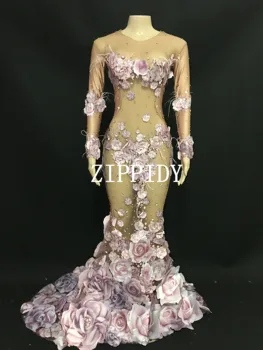 2019 Dizainas Rožinės gėlės Žiūrėti per ilgą suknelę 3D raštas Tinklelis Ištempti gimtadienio vakarėlio suknelė Moterys Dainininkės pasirodymas Kostiumas
