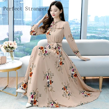 2022 Pavasario rudens atvykimas Aukštos kokybės elegantiška stovo apykaklė ilgomis rankovėmis marginta moteris Šifono ilga suknelė