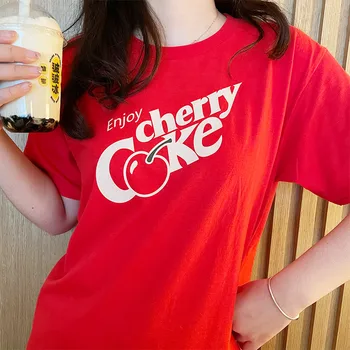 2022 Vasaros vintažinis stilius Mėgaukitės vyšnių koksu spausdintu grafiniu moterišku marškinėliais Raudona trumpomis rankovėmis laisva medvilnė Mieli estetiniai trišakiai