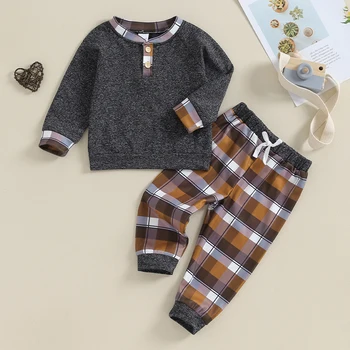 2023-10-11 Lioraitiin 1-5Y Mažylis Baby Boy Fall Apranga Pledas Patchwork drabužių komplektas Long Sleev Crewnwck Button džemperių komplektas
