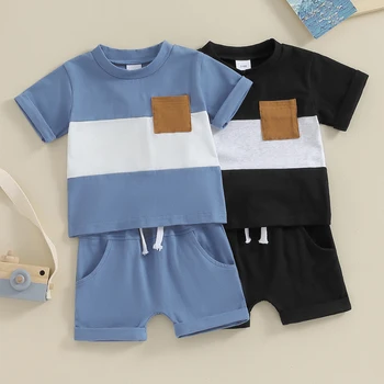 2023-11-14 Lioraitiin 3M-3Y Baby Boy Vasariniai drabužiai Trumpomis rankovėmis Kontrastinės spalvos marškinėliai Elastiniai juosmens šortai 2Vnt Laisvalaikio apranga