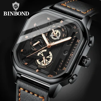 2023 BINBOND B6577 Prabangūs vyriški analoginiai odiniai sportiniai laikrodžiai Vyrų armijos karinis laikrodis Vyriškas pasimatymas Kvarcinis laikrodis Relogio Masculino