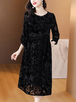 2023 Korėjietiška vintažinė Hepburn ilga suknelė Ruduo Žiema Juodas šilkas Pulkas Kablys Gėlė Tuščiavidurė suknelė Moterys Prabangus Elegantiškas Vestidos