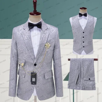 2023 Naujas kostiumas Homme Populiarūs drabužiai Pilka žakardo vyriški kostiumai Pagal užsakymą pagaminti švarkai Kelnės Verslas Priežastinis Vieno mygtuko vestuvės