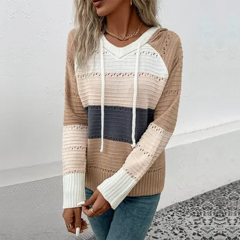 2023 Naujas rudens ir žiemos moteriškas kontrastinės spalvos megztinis su gobtuvu moterims ilgomis rankovėmis