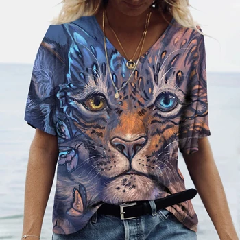 2023 Nauji moteriški V formos kaklo marginti katės rašto marškinėliai Vasaros laisvalaikio kvėpuojantys gaivūs trumpomis rankovėmis oversized moteriški drabužiai