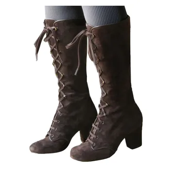 2023 Rudens žiema Moteriški moteriški batai Ladies Casual Vintage Mid-Blauzd Batai Retro Lace Up Thick Heels Batai Moteriški batai