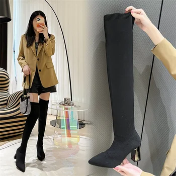 2023 Ruduo ir žiema Nauja mada Universalūs elastiniai batai Moteriški smailūs stori kulniukai Aukštakulniai Elegantiški virš kelių Ilgi batai