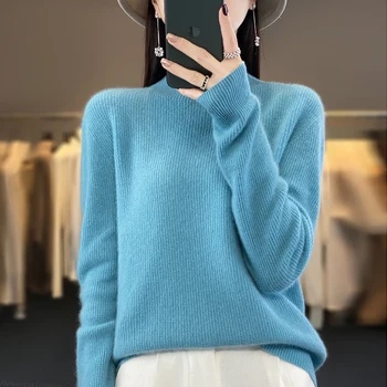 2023 Ruduo ir žiema Naujas moteriškas pusiau aukšta apykakle Laisvalaikio megztinis 100% vilnos kašmyro megztinis Laisvas korėjietiškas minkštas viršus