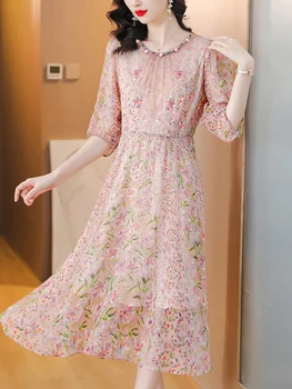 2023 Vasara Nauja gėlėta elegantiška laisvalaikio midi suknelė Moterys Prabangus šilkas Bodycon Prašmatni vakarinė suknelė Prancūziška atostogų vintažinė suknelė