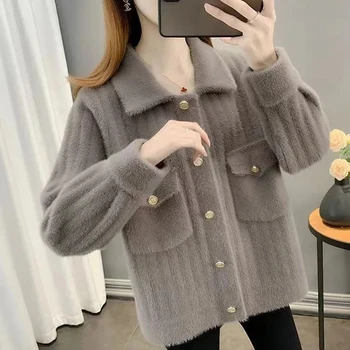 2023NewAutumn Winter Imitate Mink Velvet Woolen Jacket Women Single-Breasted Warm Short Coat Female Casual Overcoat Ladies Tops