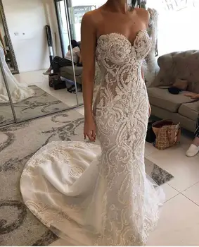 2024 Arabų Aso Ebi Prabangios nėrinių karoliukais puoštos vestuvinės suknelės Undinėlė Mieloji Ilgi nuotakos chalatai Vintažinės Vestidos De Noiva