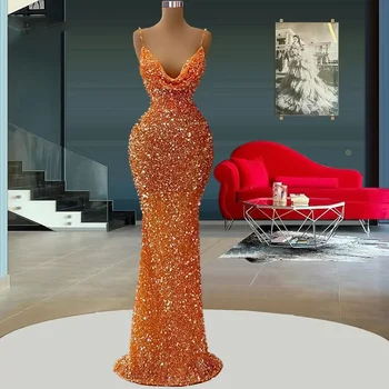 2024 Oranžinės blizgančios undinės vakarinės suknelės moteriškoms V kaklo blizgučiams be rankovių 