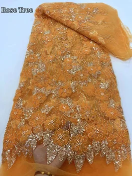 2024 Seka Afrikos karoliukais nėrinių audinys 5 jardai Aukštos kokybės vestuvinės suknelės Blizgučiai Siuvinėjimas Nigerijos nėrinių audinys