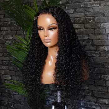 26 colių ilgio keistuolis garbanotas 180Density juodos spalvos nėrinių priekinis perukas moterims, turinčioms natūralią plaukų sruogąGlueless Daily