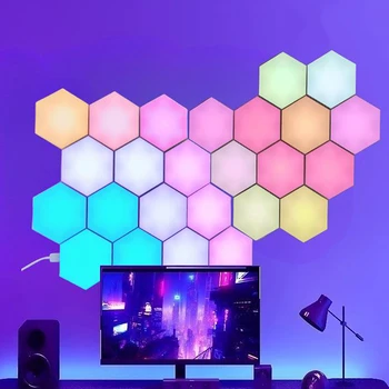 3/6//9/12/15PCS Led RGB šešiakampiai žibintai su muzikos sinchronizavimu Modernus nuotaikos apšvietimas Sieninis šviestuvas svetainei Žaidimų kambarys