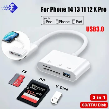3 In 1 Lightning To TF SD kortelių skaitytuvas Apple Phone 14 13 11 12 X Pro USB C tipo atmintis OTG adapteris, skirtas Huawei Xiaomi Samsung
