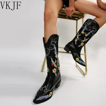 35-43 Naujos mados moterys Mid Calf Western Boots Kaubojus Smailus kojos pirštas Aukštas Traukimas ant batų Moteriški odiniai siuvinėjimai Botas Mujer
