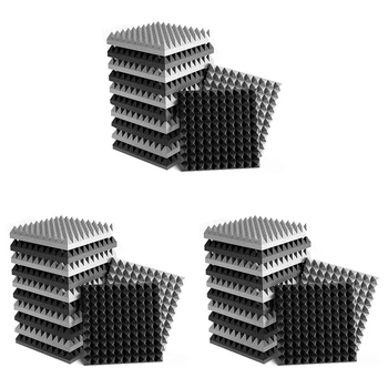 36 Pack lipnios garsui nepralaidžios putų plokštės 2X12X12 colių piramidės dizaino akustinės putos, namų studijai, juoda + pilka